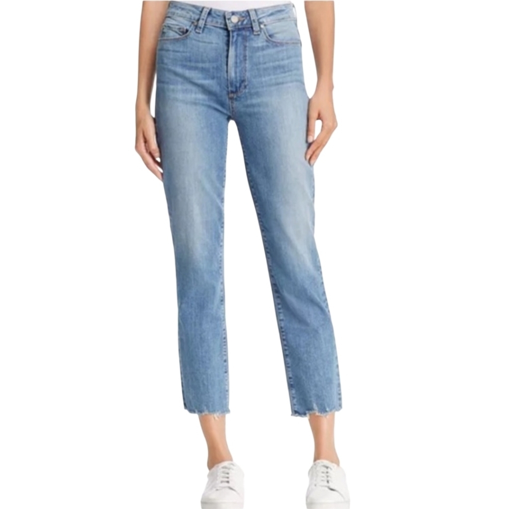 Paige Jeans Jacqueline Straight Leg Distressed Cropped Hem Sz 31 Light Wash
